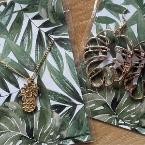 New in package Gold Pineapple Necklace Monstera Dangle Earrings 3 Piece Gift Set